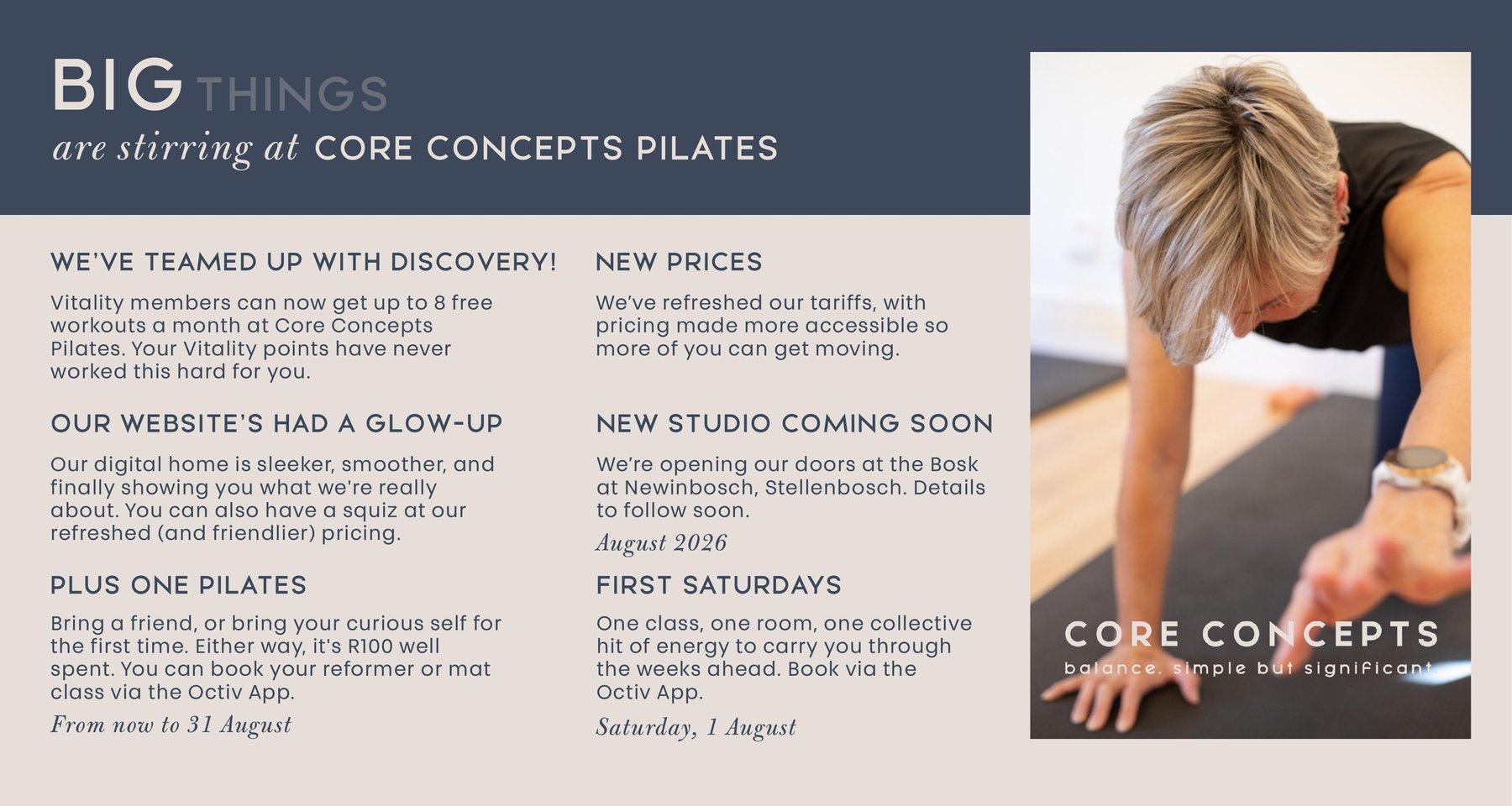 Core Concepts July 2026 newsflash: the Discovery Vitality partnership, new prices, our new website, the new studio at the Bosk at Newinbosch, Plus One Pilates and First Saturdays